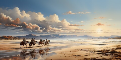 Visualize seven horse and rider enjoying a leisurely stroll along a sandy beach, with the waves crashing - obrazy, fototapety, plakaty