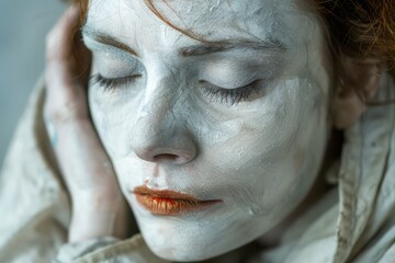 Artistic Portrait of a Woman with White Painted Face and Closed Eyes in a Pensive State