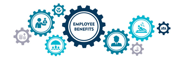 Employee benefits icon set. Containing social security, pay raise, health and life insurance, paid vacation, bonus and more icons. Solid icon collection.  - obrazy, fototapety, plakaty