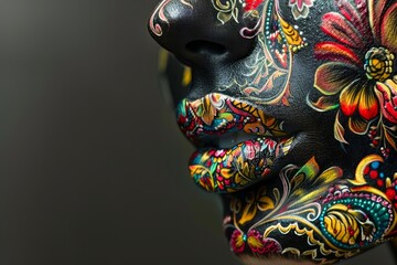 Obraz premium Colorful Traditional Floral Patterns on Black Mannequin Head against Grey Background