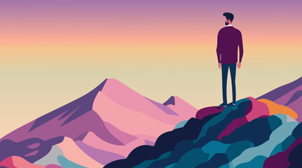 illustration of a mountain landscape and person on the top