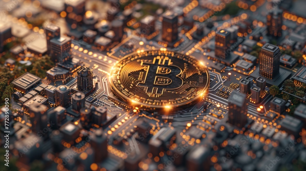 Poster Concept of cryptocurrency technology with bitcoin symbol on an electronic board pattern background