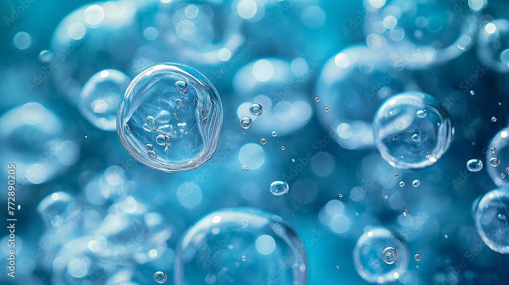 Poster cell, molecule concept. soap bubbles group macro representing abstract cell structure microscope vie