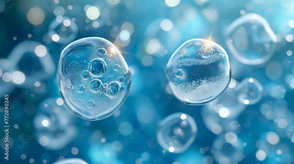 Poster cell, molecule concept. soap bubbles group macro representing abstract cell structure microscope vie