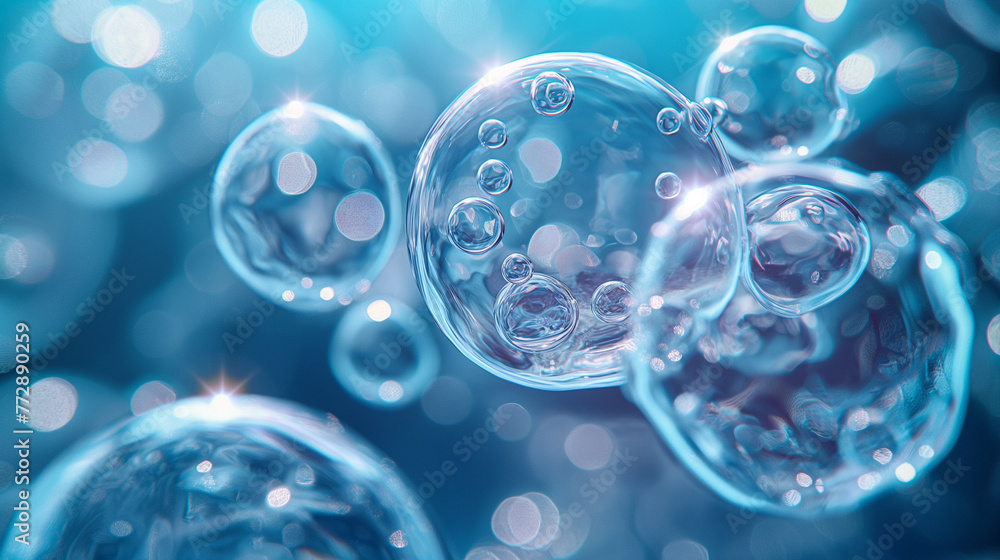 Poster cell, molecule concept. soap bubbles group macro representing abstract cell structure microscope vie