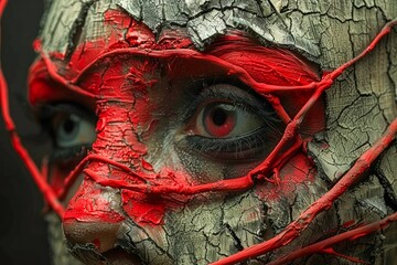 Abstract Cracked Texture Face Paint with Red Accents Portraying Artistic Expression and Human Emotions in Close up View