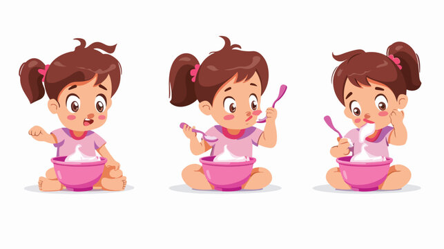 A baby girl eats natural yogurt vector illustrations
