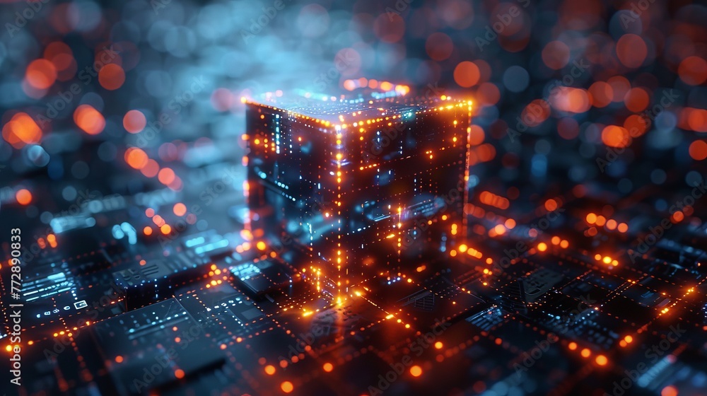 Poster A futuristic cube with digital icons illustrating blockchain technology