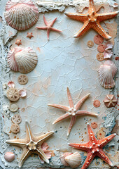 Coastal decor with a variety of seashells and starfish on a blue crackled background. Marine-themed frame with space for text