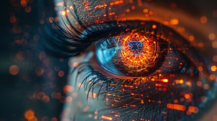 Biometrics concept, futuristic eye with digital icons of technology - obrazy, fototapety, plakaty