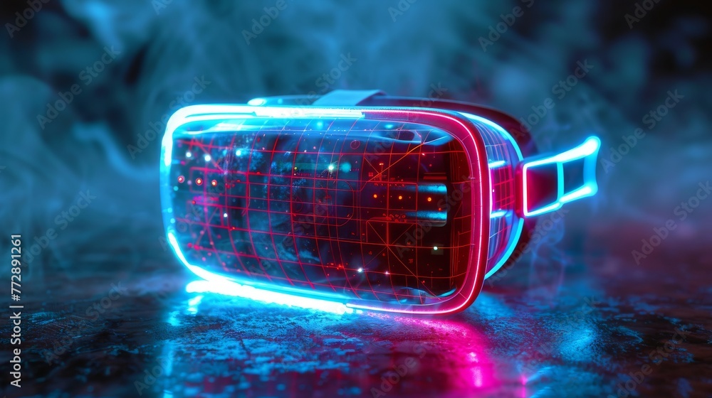 Poster an immersive vr headset with grid dimensions and lighting effects