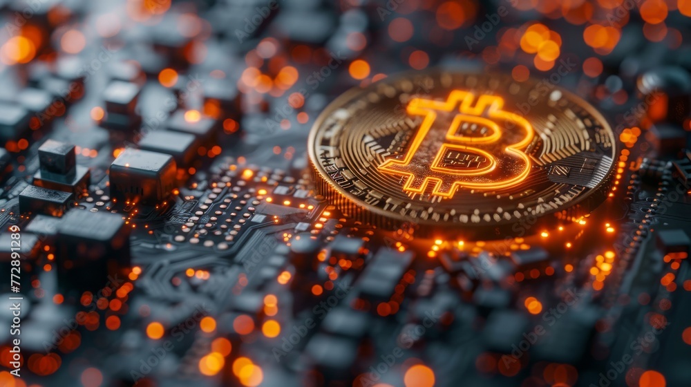 Leinwandbilder Symbolic representation of cryptocurrency technology utilizing binary code and the bitcoin symbol