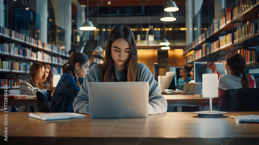 Poster university library: talented caucasian girl sitting at the desk, uses laptop, writes notes for the p