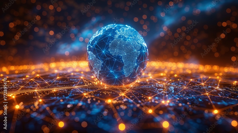 Poster an illustration of a wireframe globe with light wires depicting the communication world
