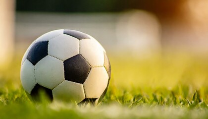 Fototapeta premium A soccer ball lying on the grass of a soccer field. close up, warm sunshine
