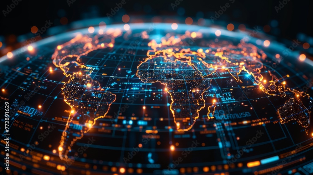 Poster modern technology concept, dotted globe with digital communication interfaces