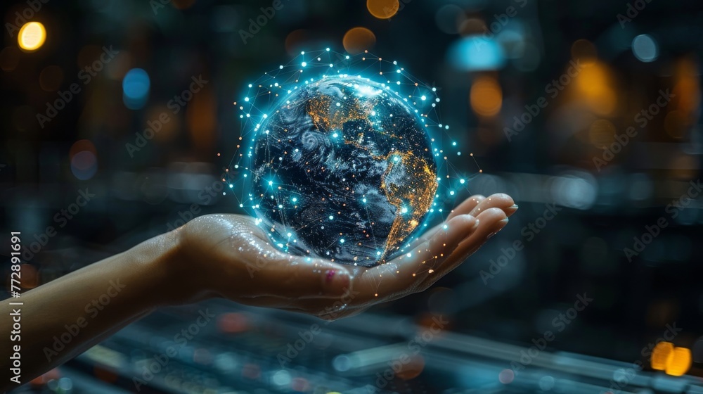 Poster an illustration of a futuristic polygon hand reaching for the digital globe as part of the technolog