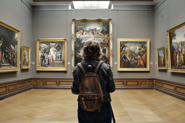Parte posterior de una persona adulta mirando pinturas de estilo renacentista en una antigua galer&iacute;a de arte del museo