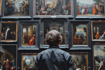 Obraz premium Parte posterior de una persona adulta mirando pinturas de estilo renacentista en una antigua galería de arte del museo