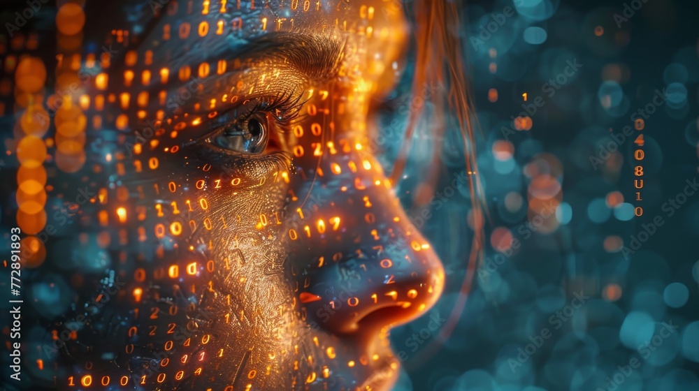 Aufkleber Artificial intelligence or hackers using the shape of human faces and binary codes