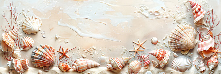 Assorted seashells and starfish on sandy textured background with sea foam. Beach-themed border composition with copy space for design.