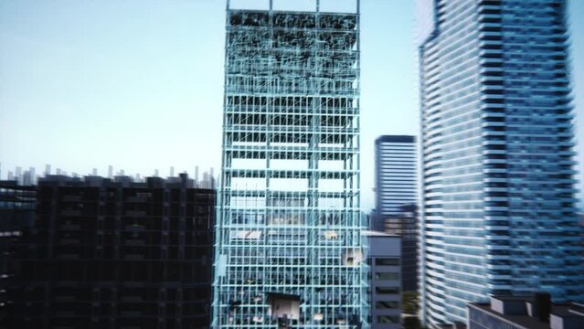 Tracking 360 Aerial Drone Footage From Megapolis City Construction Site: 3D VFX Visualization Of Modern Skyscraper Being Built. Digitalization Of New Real Estate Development Project, Urban Planning.