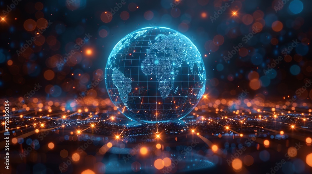 Poster Digital radar interface on a wireframe globe, communication technology concept