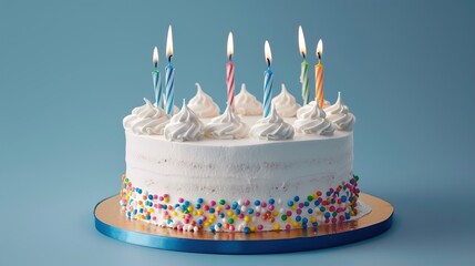 A birthday cake with five candles blowing, isolated on a solid gradient background,