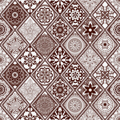 Vector hand drawn seamless bicolor pattern with brown rhombuses with mandalas. Islam, Arabic, Indian, ottoman motifs. Perfect for printing on fabric or paper.
