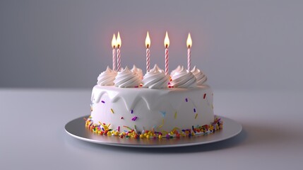 A birthday cake with five candles blowing, isolated on a solid silver background,