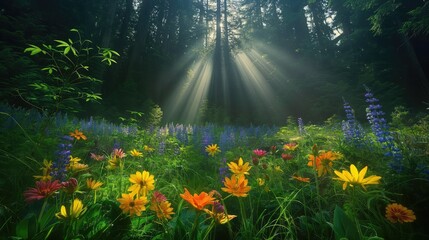 Sun rays coming from trees over the flowers