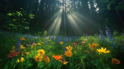 Obraz premium Sun rays coming from trees over the flowers