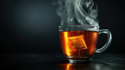 Steaming Tea in Transparent Mug on Dark Backdrop