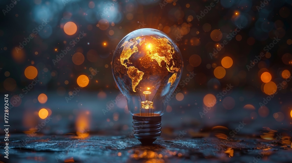 Poster this is a realistic light bulb with a digital globe inside, showing the technology of the creative w
