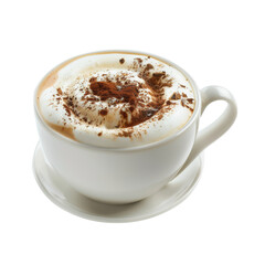 A white porcelain cup with a swirl of aromatic white truffle cappuccino soup, topped with frothy milk foam and a dusting of cocoa.