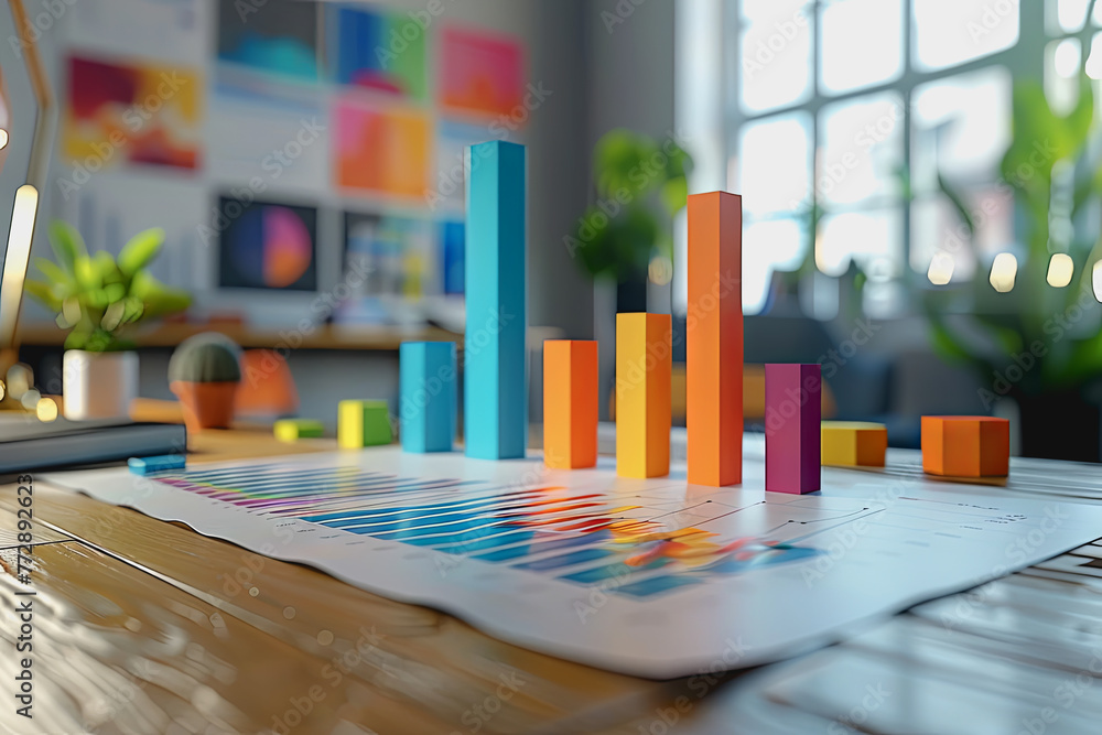 Poster three dimensional mockup charts showing financial data and business growth.