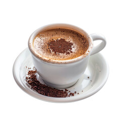 A small white cup of strong Greek coffee, the thick foam topped with a sprinkle of finely ground coffee beans.