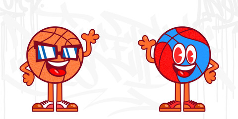 Trendy Urban Street Art Graffiti Style Basketball Cartoon Mascot Characters Vector Illustration