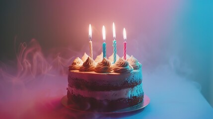 A birthday cake with five candles blowing, isolated on a solid abstract background,