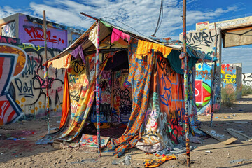 A makeshift tent made from assorted pieces of fabric, pitched in an urban area with graffiti-covered walls