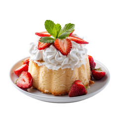 A sponge cake topped with whipped cream and fresh strawberries, garnished with a mint leaf, on a white plate.