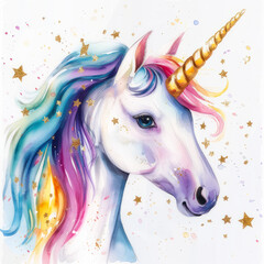 Cute Unicorn Watercolor illustration, pastel and candy colors for girls princess poster. Sticker of magical cartoon unicorns isolated on white background. Trendy cartoon baby horse. Birthday print