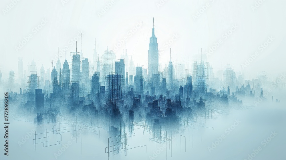 Wall mural Wireframe cityscape of a smart or digital city...