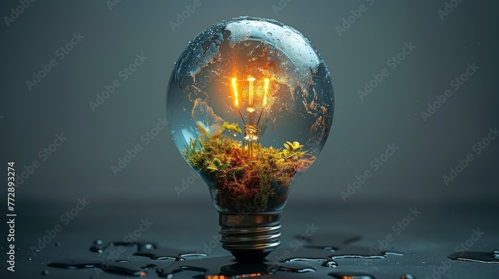 Poster the concept of green energy or ecology is represented by a realistic light bulb with a globe inside 
