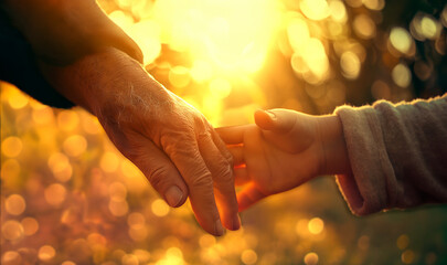 老人の手をとる幼い子供の手と柔らかな光の背景