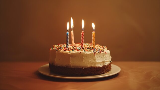A birthday cake with four candles blowing, isolated on a solid brown background,