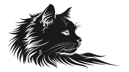 Black and white furry cat head silhouette Flat vector