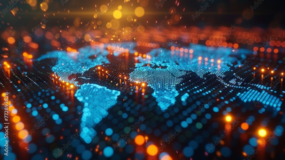 Poster The concept of digital technology, combining binary code and a world map.
