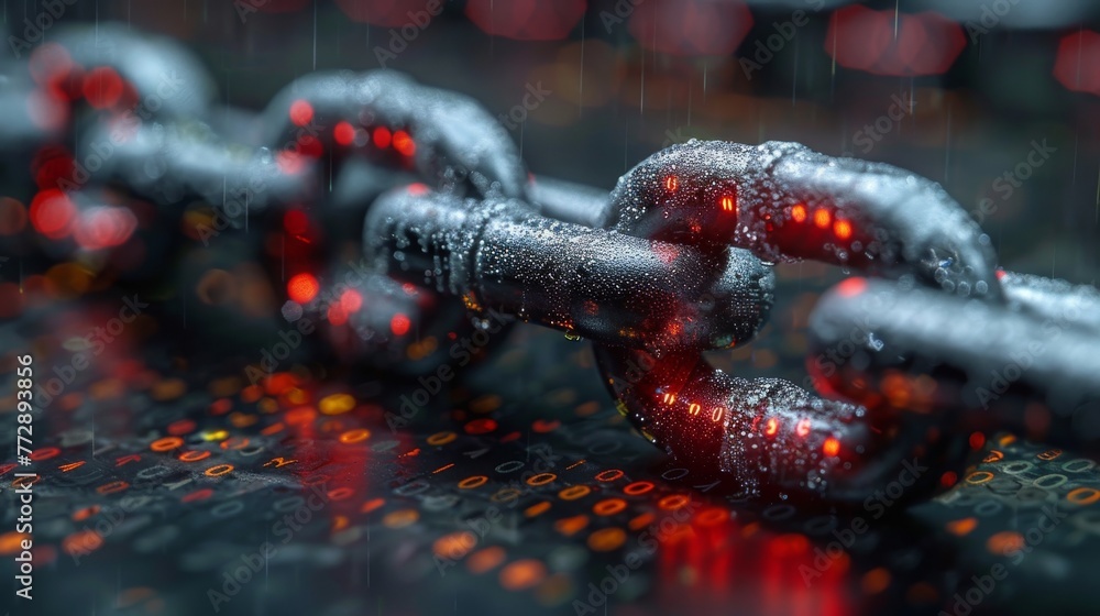 Fototapete Cyber security concept with graphic of a chain over a binary code background