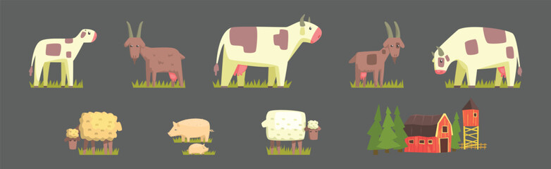 Cattle and Livestock Grazing on Green Pasture Vector Set